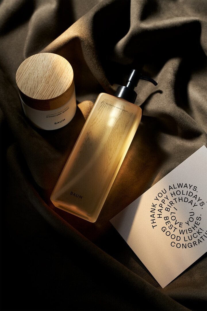 Product bottle on linen with a card